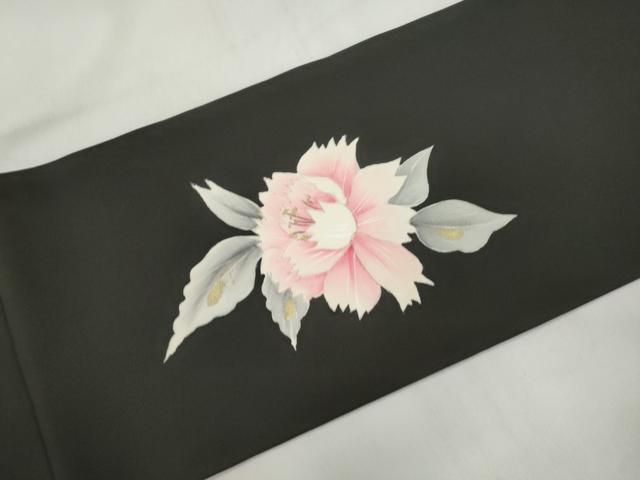 平和屋着物▼塩瀬　九寸名古屋帯　手描き　草花文　黒地　金彩　正絹　逸品　CABL4734dy