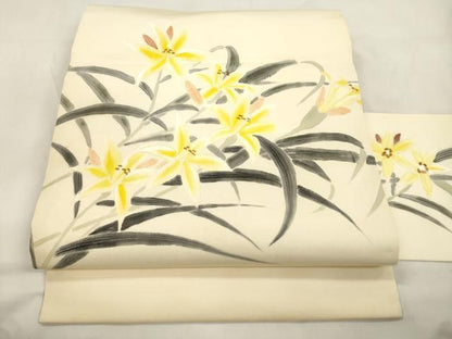 平和屋着物●塩瀬　九寸名古屋帯　作家物　手描き　草花文　正絹　逸品　CABL4737dy