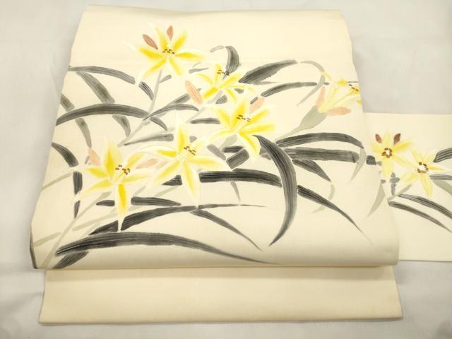 平和屋着物●塩瀬　九寸名古屋帯　作家物　手描き　草花文　正絹　逸品　CABL4737dy