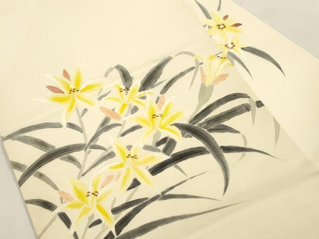平和屋着物●塩瀬　九寸名古屋帯　作家物　手描き　草花文　正絹　逸品　CABL4737dy