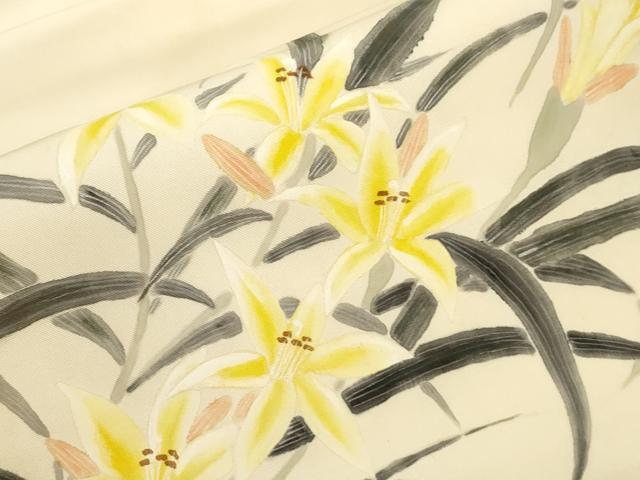 平和屋着物●塩瀬　九寸名古屋帯　作家物　手描き　草花文　正絹　逸品　CABL4737dy