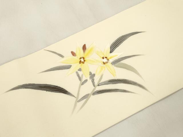 平和屋着物●塩瀬　九寸名古屋帯　作家物　手描き　草花文　正絹　逸品　CABL4737dy