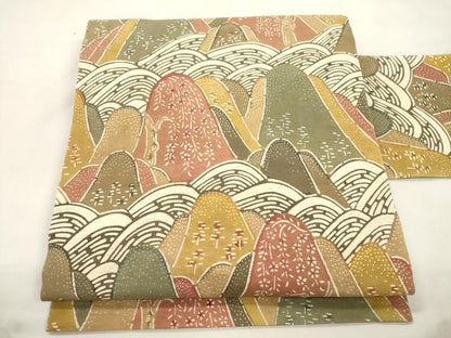 平和屋着物●九寸名古屋帯　紬地　型染め　遠山文　正絹　逸品　CABL4741dy