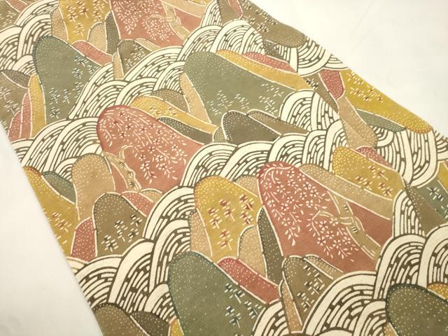 平和屋着物●九寸名古屋帯　紬地　型染め　遠山文　正絹　逸品　CABL4741dy