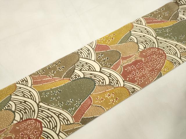 平和屋着物●九寸名古屋帯　紬地　型染め　遠山文　正絹　逸品　CABL4741dy
