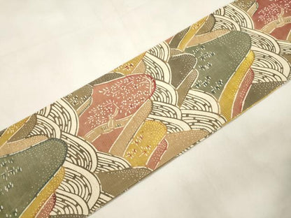 平和屋着物●九寸名古屋帯　紬地　型染め　遠山文　正絹　逸品　CABL4741dy