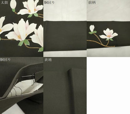 平和屋着物●塩瀬　九寸名古屋帯　草花文　黒地　三越扱い　正絹　逸品　CABL4742dy