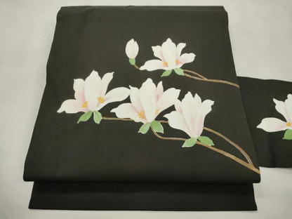 平和屋着物●塩瀬　九寸名古屋帯　草花文　黒地　三越扱い　正絹　逸品　CABL4742dy