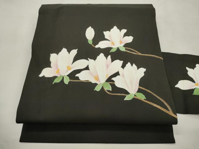 平和屋着物●塩瀬　九寸名古屋帯　草花文　黒地　三越扱い　正絹　逸品　CABL4742dy