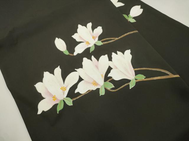 平和屋着物●塩瀬　九寸名古屋帯　草花文　黒地　三越扱い　正絹　逸品　CABL4742dy