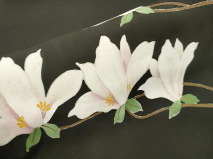 平和屋着物●塩瀬　九寸名古屋帯　草花文　黒地　三越扱い　正絹　逸品　CABL4742dy