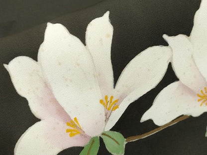 平和屋着物●塩瀬　九寸名古屋帯　草花文　黒地　三越扱い　正絹　逸品　CABL4742dy