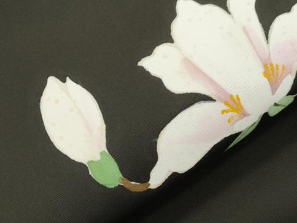 平和屋着物●塩瀬　九寸名古屋帯　草花文　黒地　三越扱い　正絹　逸品　CABL4742dy