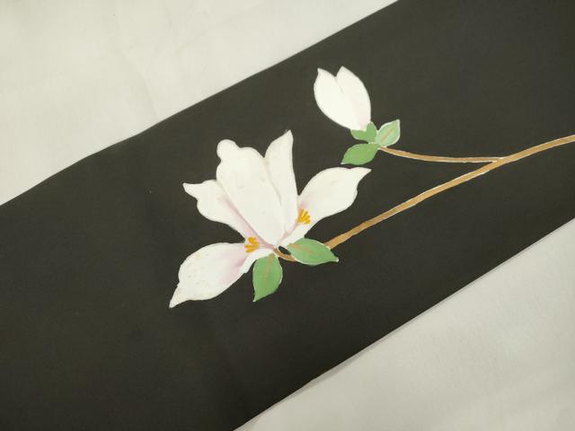 平和屋着物●塩瀬　九寸名古屋帯　草花文　黒地　三越扱い　正絹　逸品　CABL4742dy