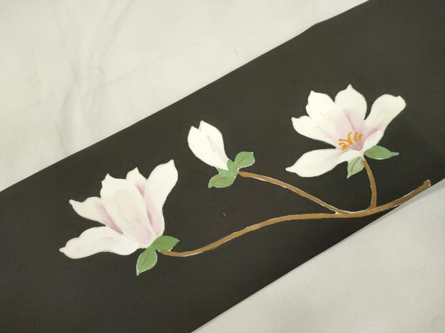 平和屋着物●塩瀬　九寸名古屋帯　草花文　黒地　三越扱い　正絹　逸品　CABL4742dy