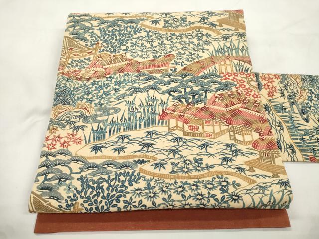平和屋着物●九寸名古屋帯　紬地　型染め　風景文　正絹　逸品　CABL4744dy