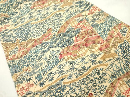 平和屋着物●九寸名古屋帯　紬地　型染め　風景文　正絹　逸品　CABL4744dy