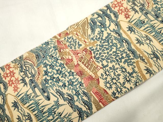 平和屋着物●九寸名古屋帯　紬地　型染め　風景文　正絹　逸品　CABL4744dy
