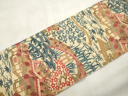 平和屋着物●九寸名古屋帯　紬地　型染め　風景文　正絹　逸品　CABL4744dy