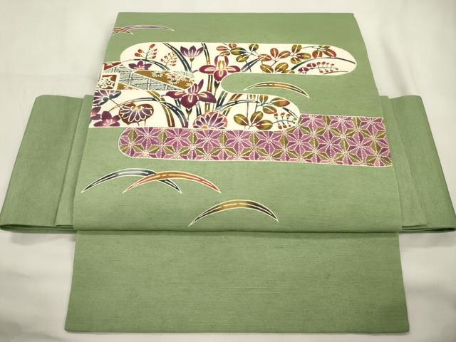 平和屋着物●つけ帯　型染め　草花文　正絹　逸品　CABL4756dy