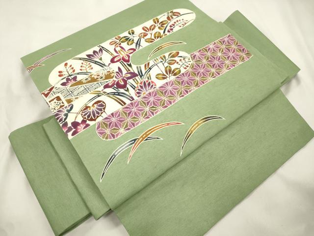 平和屋着物●つけ帯　型染め　草花文　正絹　逸品　CABL4756dy
