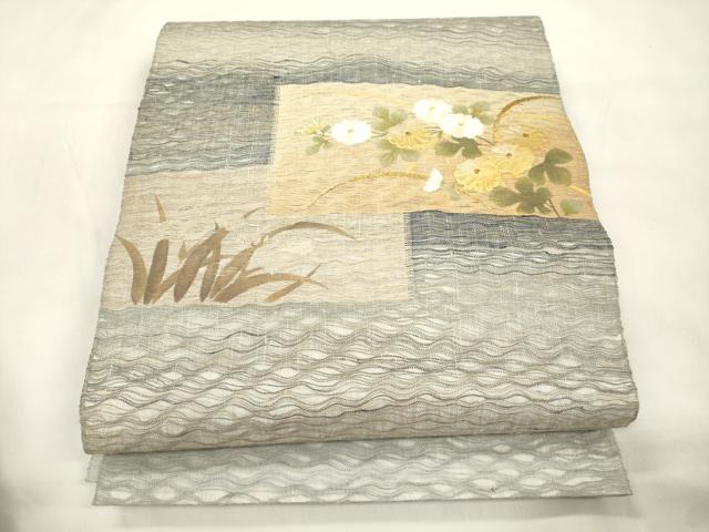 平和屋着物▽太鼓柄袋帯　スリーシーズン　春夏秋　櫛織　刺繍　草花文　金銀彩　正絹　逸品　CABL4758dy