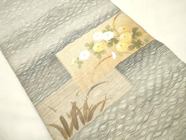 平和屋着物▽太鼓柄袋帯　スリーシーズン　春夏秋　櫛織　刺繍　草花文　金銀彩　正絹　逸品　CABL4758dy
