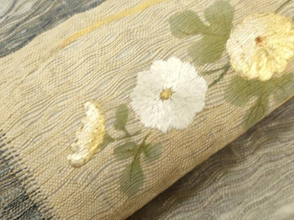 平和屋着物▽太鼓柄袋帯　スリーシーズン　春夏秋　櫛織　刺繍　草花文　金銀彩　正絹　逸品　CABL4758dy