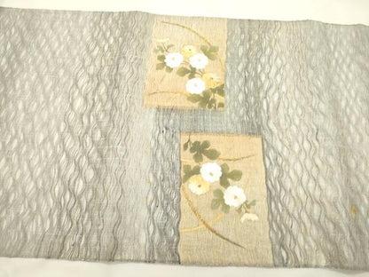 平和屋着物▽太鼓柄袋帯　スリーシーズン　春夏秋　櫛織　刺繍　草花文　金銀彩　正絹　逸品　CABL4758dy