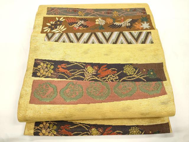 平和屋着物▽六通柄袋帯　スリーシーズン　春夏秋　花鳥文　金糸　正絹　逸品　CABL4763dy