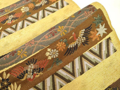 平和屋着物▽六通柄袋帯　スリーシーズン　春夏秋　花鳥文　金糸　正絹　逸品　CABL4763dy