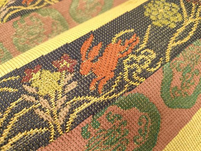 平和屋着物▽六通柄袋帯　スリーシーズン　春夏秋　花鳥文　金糸　正絹　逸品　CABL4763dy
