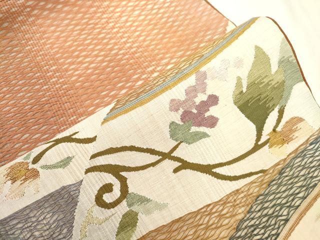 平和屋着物▽太鼓柄袋帯　スリーシーズン　春夏秋　すくい織　葡萄蔦の葉文　金糸　正絹　逸品　CABL4770dy