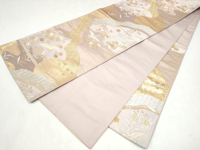 平和屋本店▼西陣　六通柄袋帯　飛鶴草花文　K２４金箔織　正絹　逸品　CABL4805hy