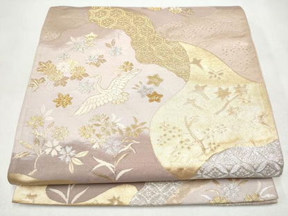 平和屋本店▼西陣　六通柄袋帯　飛鶴草花文　K２４金箔織　正絹　逸品　CABL4805hy
