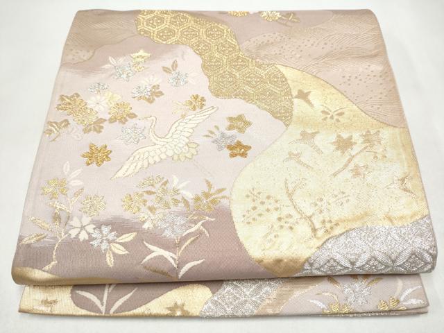 平和屋本店▼西陣　六通柄袋帯　飛鶴草花文　K２４金箔織　正絹　逸品　CABL4805hy