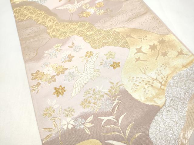 平和屋本店▼西陣　六通柄袋帯　飛鶴草花文　K２４金箔織　正絹　逸品　CABL4805hy