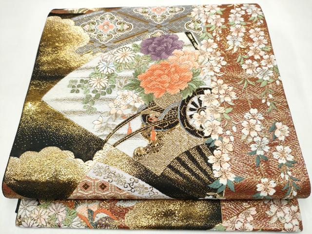 平和屋本店▼六通柄袋帯　唐織　献上扇面花鳥紋　純金箔　正絹　逸品　CABL4809hy