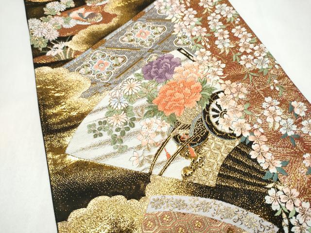 平和屋本店▼六通柄袋帯　唐織　献上扇面花鳥紋　純金箔　正絹　逸品　CABL4809hy