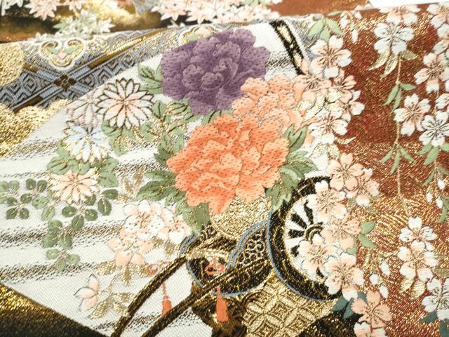 平和屋本店▼六通柄袋帯　唐織　献上扇面花鳥紋　純金箔　正絹　逸品　CABL4809hy