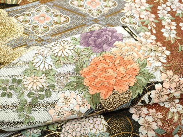 平和屋本店▼六通柄袋帯　唐織　献上扇面花鳥紋　純金箔　正絹　逸品　CABL4809hy