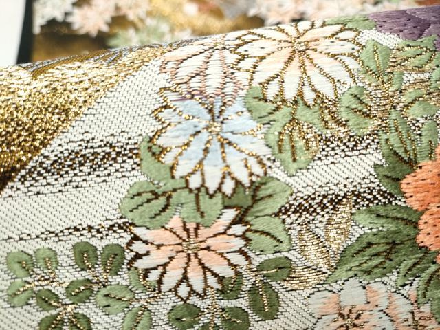 平和屋本店▼六通柄袋帯　唐織　献上扇面花鳥紋　純金箔　正絹　逸品　CABL4809hy