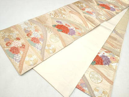 平和屋本店▼六通柄袋帯　流水草花文　本金箔二重織　正絹　逸品　CABL4810hy