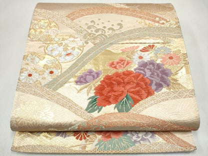 平和屋本店▼六通柄袋帯　流水草花文　本金箔二重織　正絹　逸品　CABL4810hy