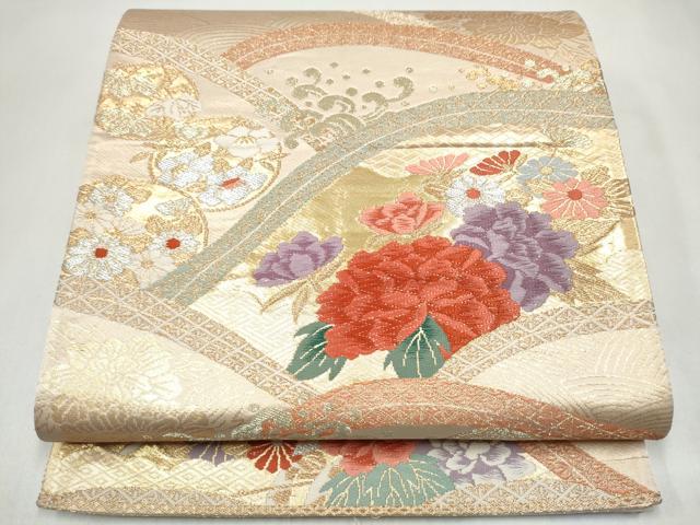 平和屋本店▼六通柄袋帯　流水草花文　本金箔二重織　正絹　逸品　CABL4810hy