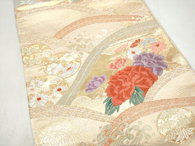平和屋本店▼六通柄袋帯　流水草花文　本金箔二重織　正絹　逸品　CABL4810hy