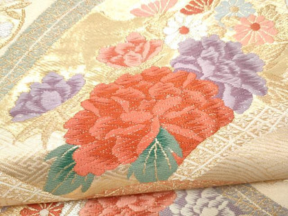 平和屋本店▼六通柄袋帯　流水草花文　本金箔二重織　正絹　逸品　CABL4810hy