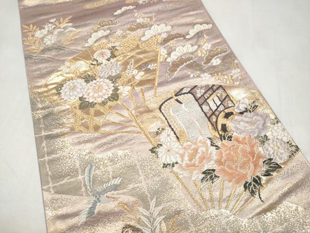 平和屋本店▼六通柄袋帯　唐織　御所車扇面花鳥文　弐拾四金二重織　正絹　逸品　CABL4815hy