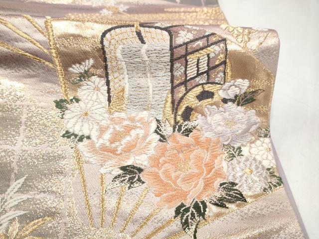 平和屋本店▼六通柄袋帯　唐織　御所車扇面花鳥文　弐拾四金二重織　正絹　逸品　CABL4815hy