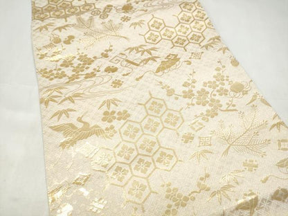 平和屋本店▼両面　全通柄袋帯　檜扇花文　純金箔　正絹　逸品　CABL4822hy